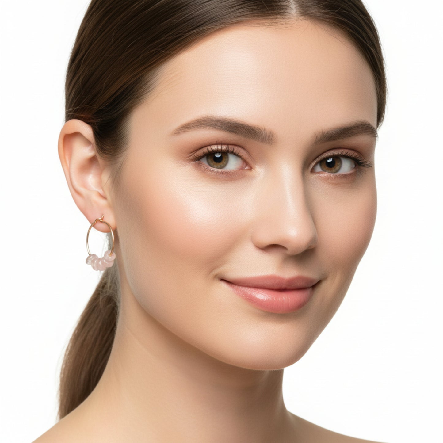 Brass Hoop Earrings with Pink Gemstone Nuggets, Dainty Handmade Bead Hoops