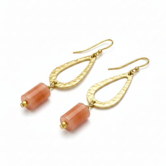 Hammered Brass Geometric Dangle Earrings - Orange Sunstone Gemstones