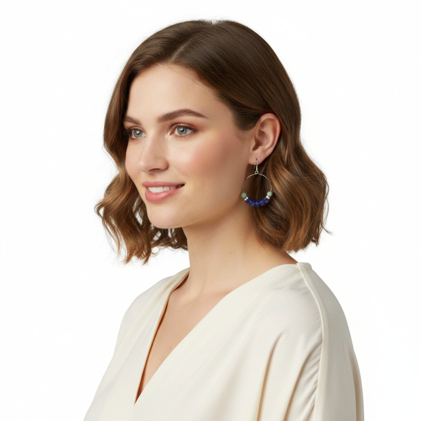 Sterling Silver Hoop Earrings with Cobalt Blue and Sage Green Beads, Beaded Creole Earrings