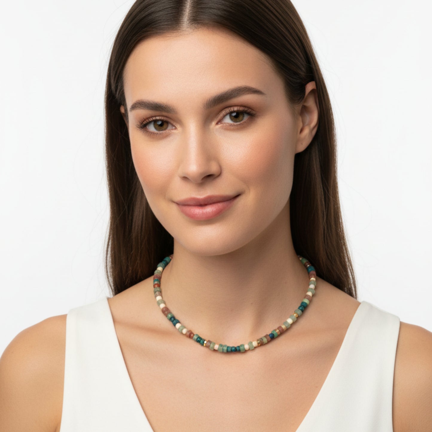 Multicolored Gemstone Beaded Necklace, Teal Green and Red-Brown Jasper Collier with Brass Accents