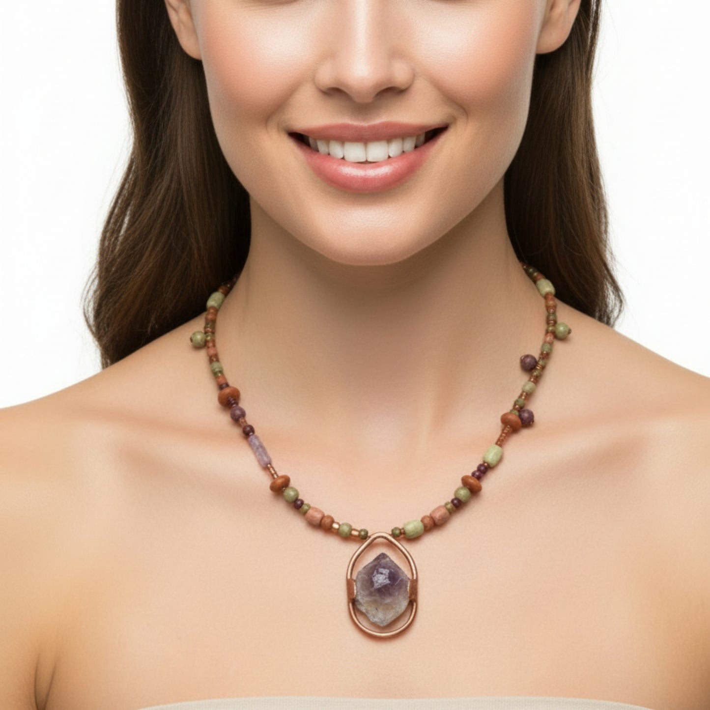 Purple Amethyst and Green Stone Beaded Necklace with Brown and Copper Accents