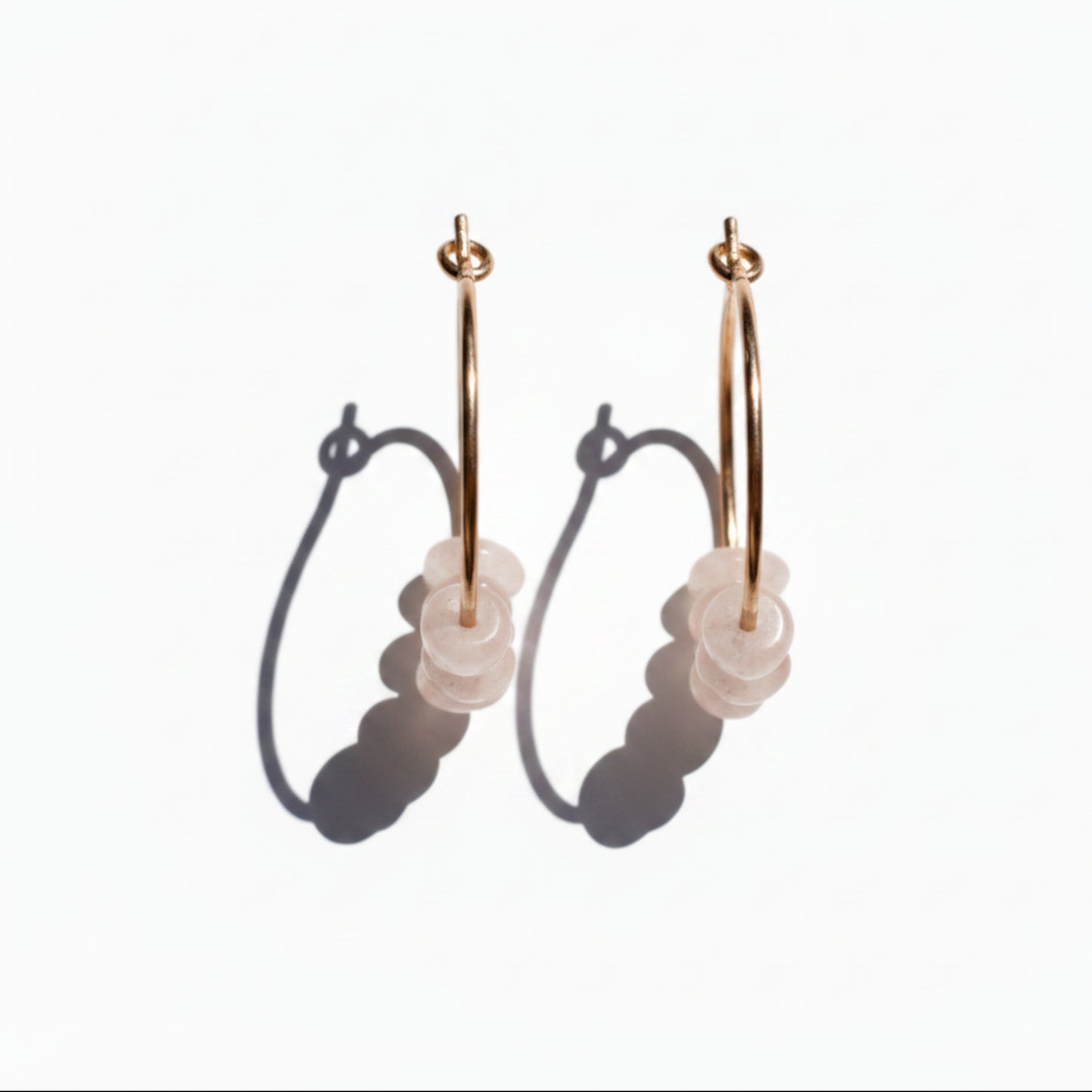 Brass Hoop Earrings with Pink Gemstone Nuggets, Dainty Handmade Bead Hoops