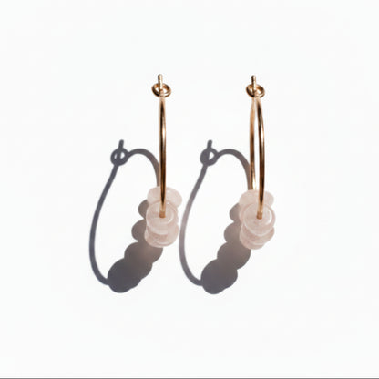 Brass Hoop Earrings with Pink Gemstone Nuggets, Dainty Handmade Bead Hoops