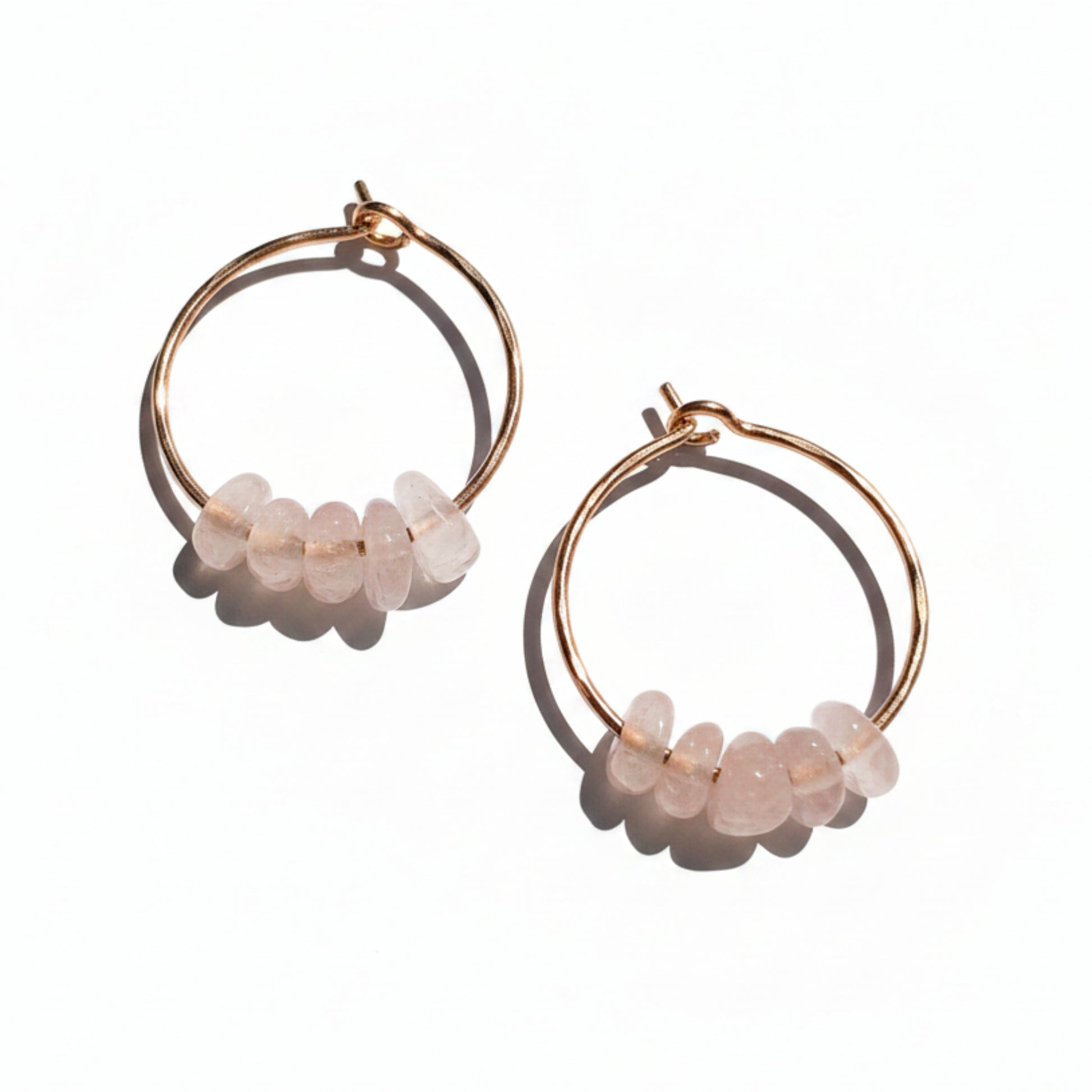 Brass Hoop Earrings with Pink Gemstone Nuggets, Dainty Handmade Bead Hoops
