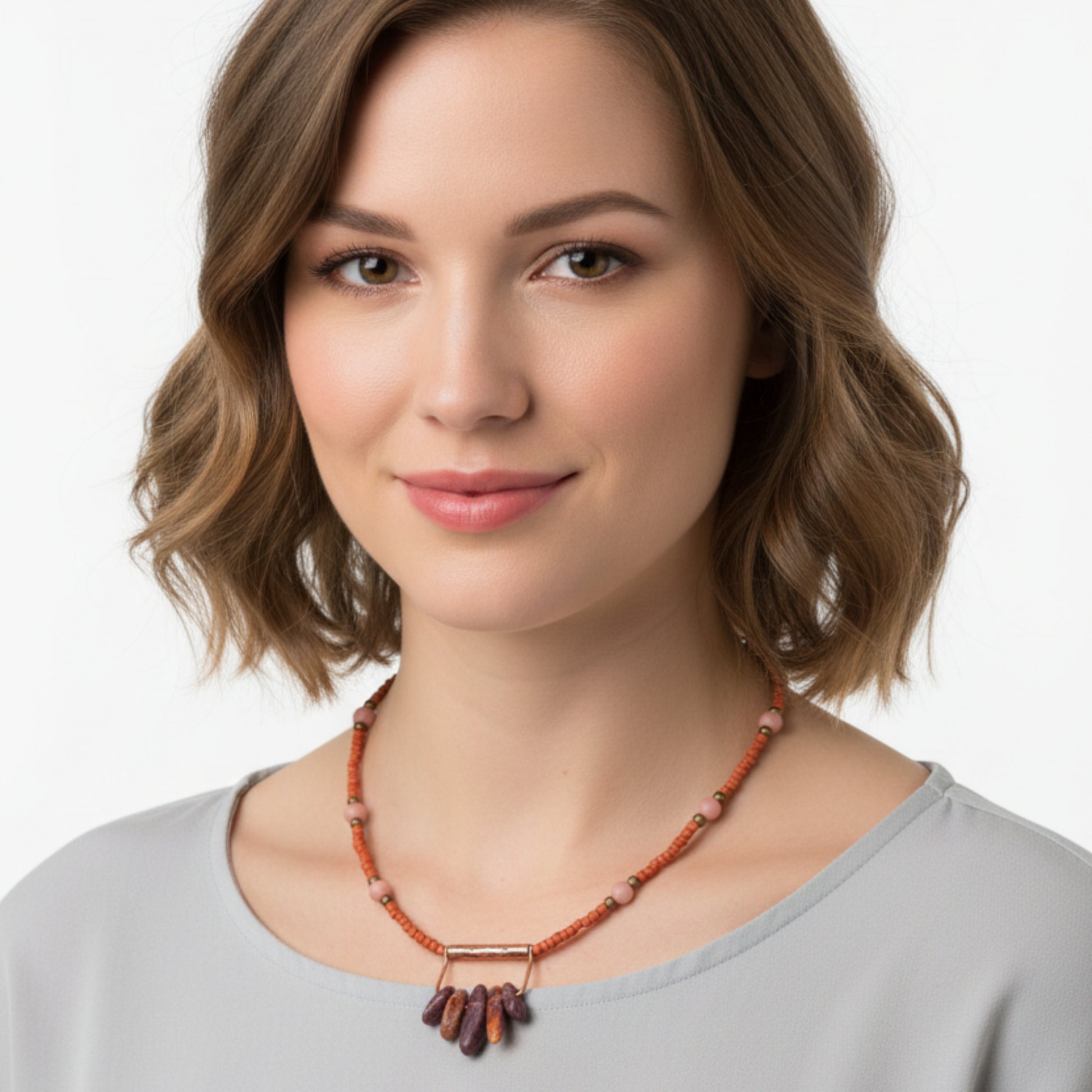Coral Red Seed Bead Necklace with Burgundy Stone Pendant, Dusty Pink and Bronze Boho Jewelr