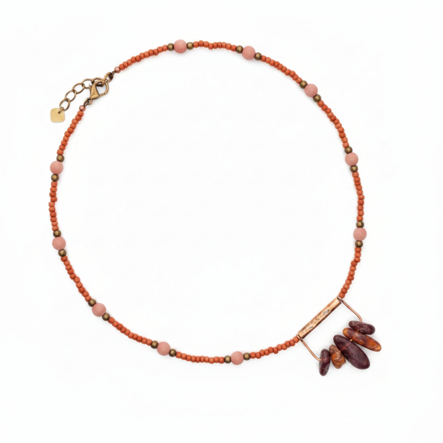 Coral Red Seed Bead Necklace with Burgundy Stone Pendant, Dusty Pink and Bronze Boho Jewelr