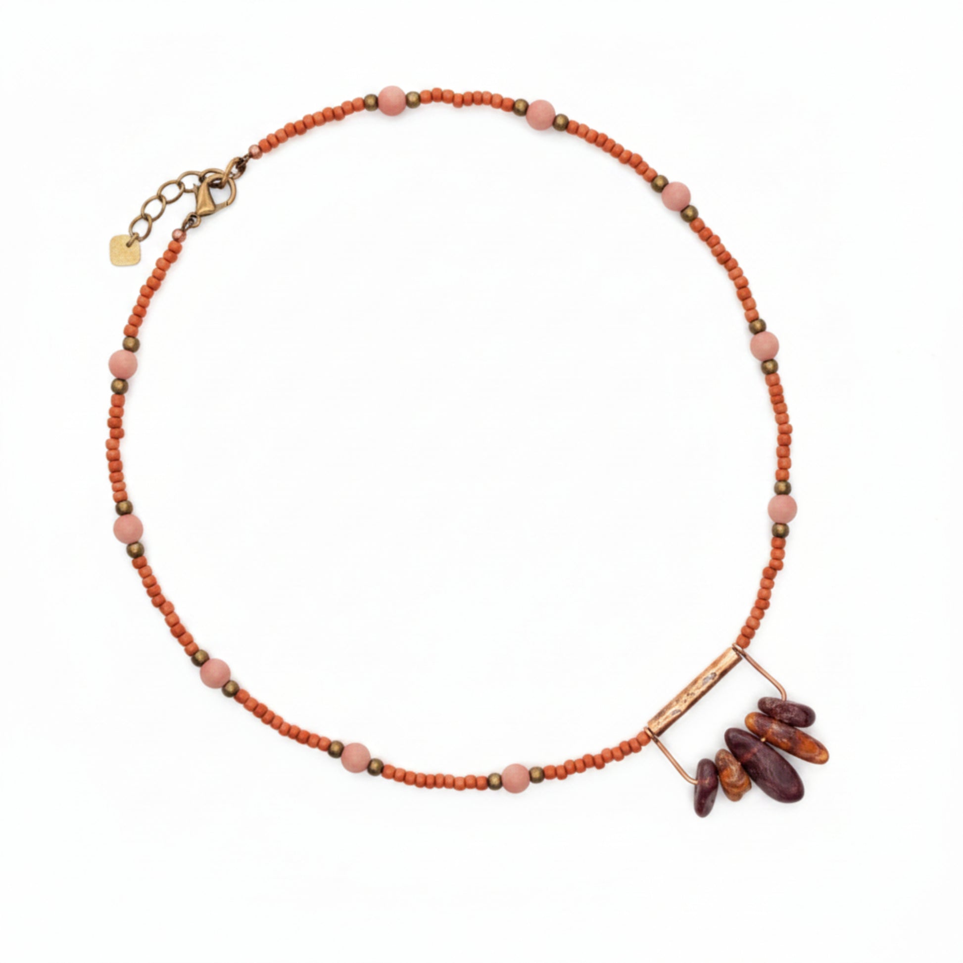 Coral Red Seed Bead Necklace with Burgundy Stone Pendant, Dusty Pink and Bronze Boho Jewelr