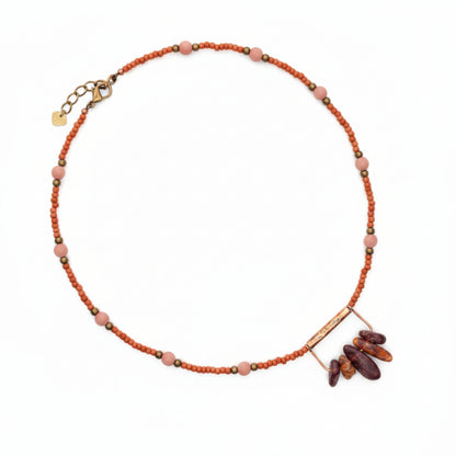 Coral Red Seed Bead Necklace with Burgundy Stone Pendant, Dusty Pink and Bronze Boho Jewelr