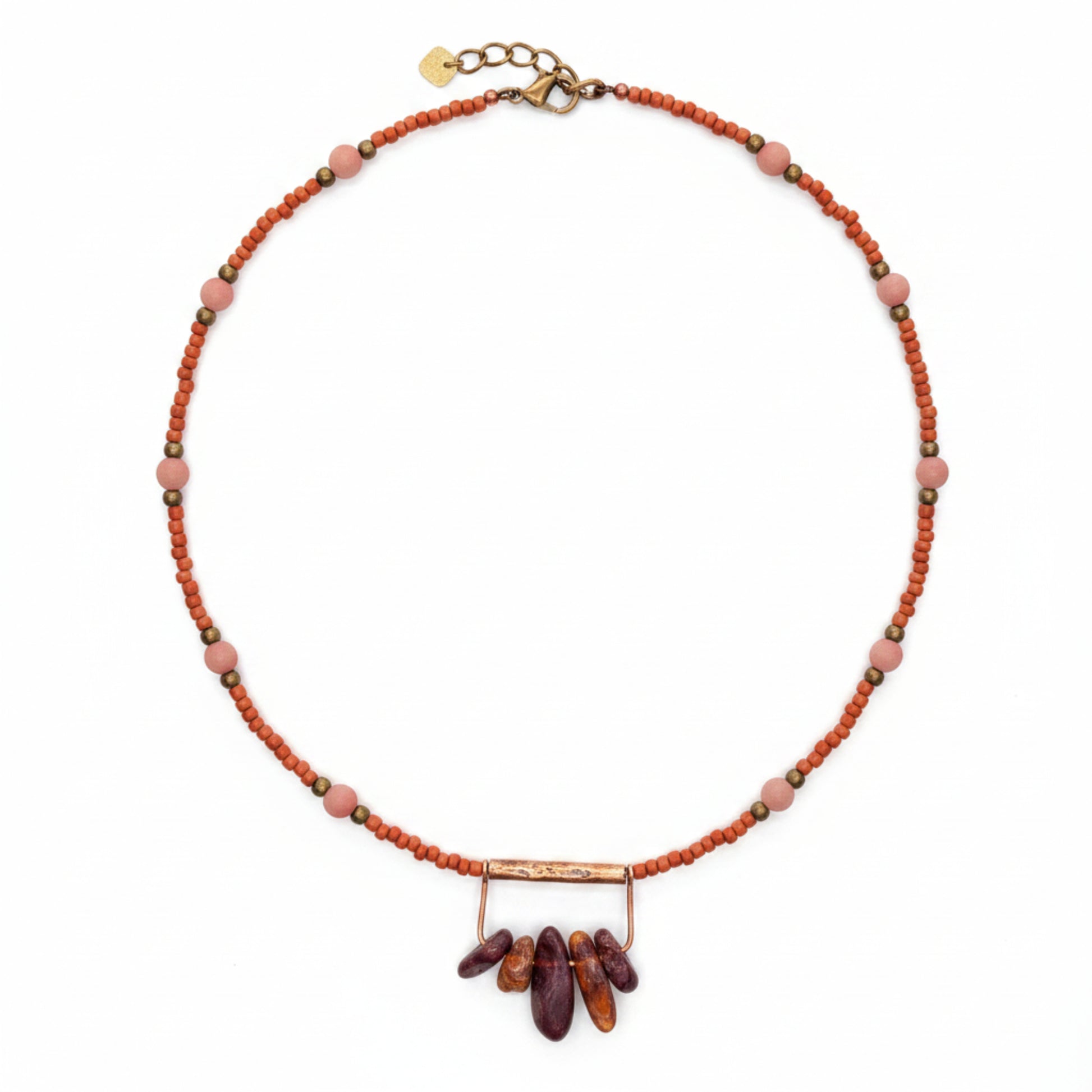 Coral Red Seed Bead Necklace with Burgundy Stone Pendant, Dusty Pink and Bronze Boho Jewelr