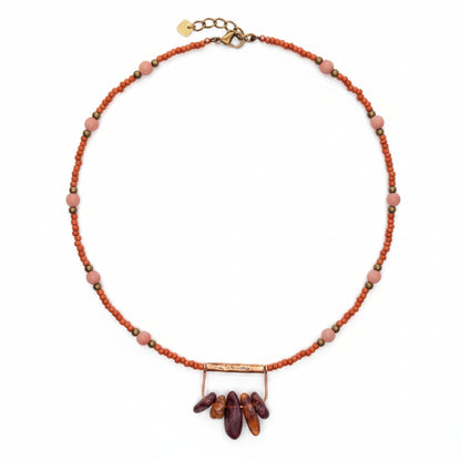 Coral Red Seed Bead Necklace with Burgundy Stone Pendant, Dusty Pink and Bronze Boho Jewelr
