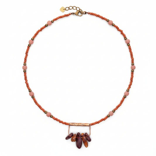 Coral Red Seed Bead Necklace with Burgundy Stone Pendant, Dusty Pink and Bronze Boho Jewelr