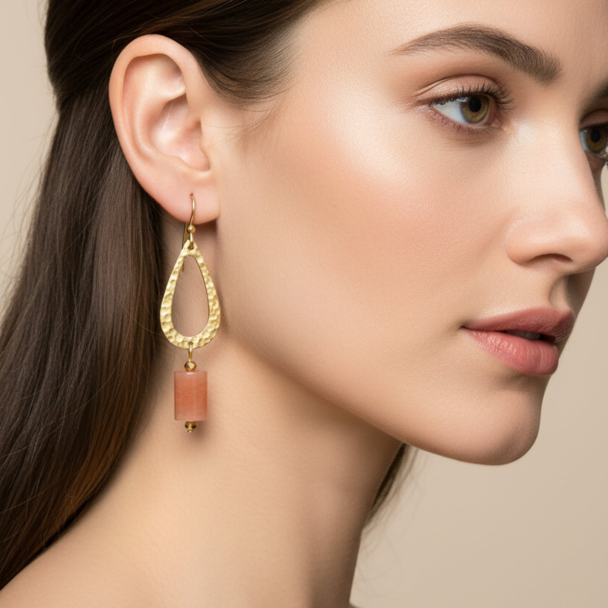 Hammered Brass Geometric Dangle Earrings - Orange Sunstone Gemstones
