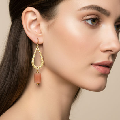 Hammered Brass Geometric Dangle Earrings - Orange Sunstone Gemstones