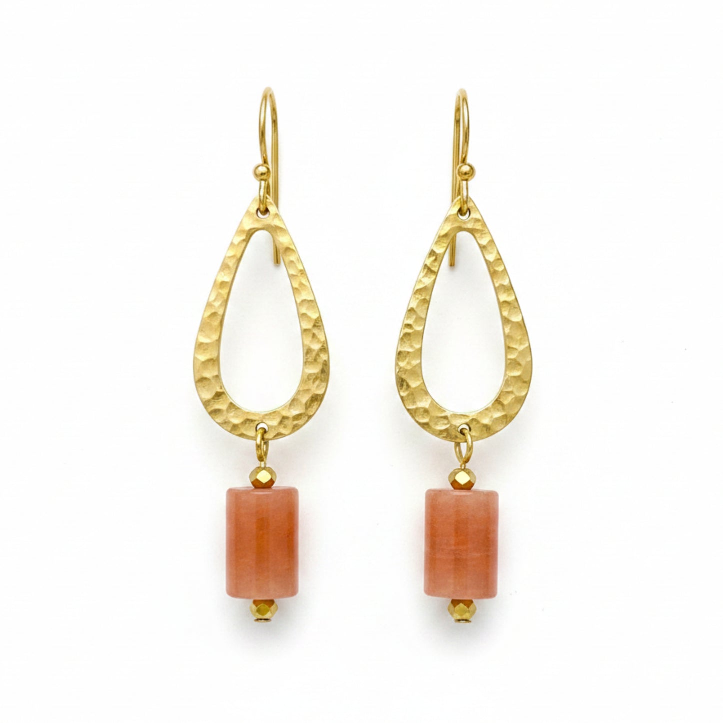 Hammered Brass Geometric Dangle Earrings - Orange Sunstone Gemstones