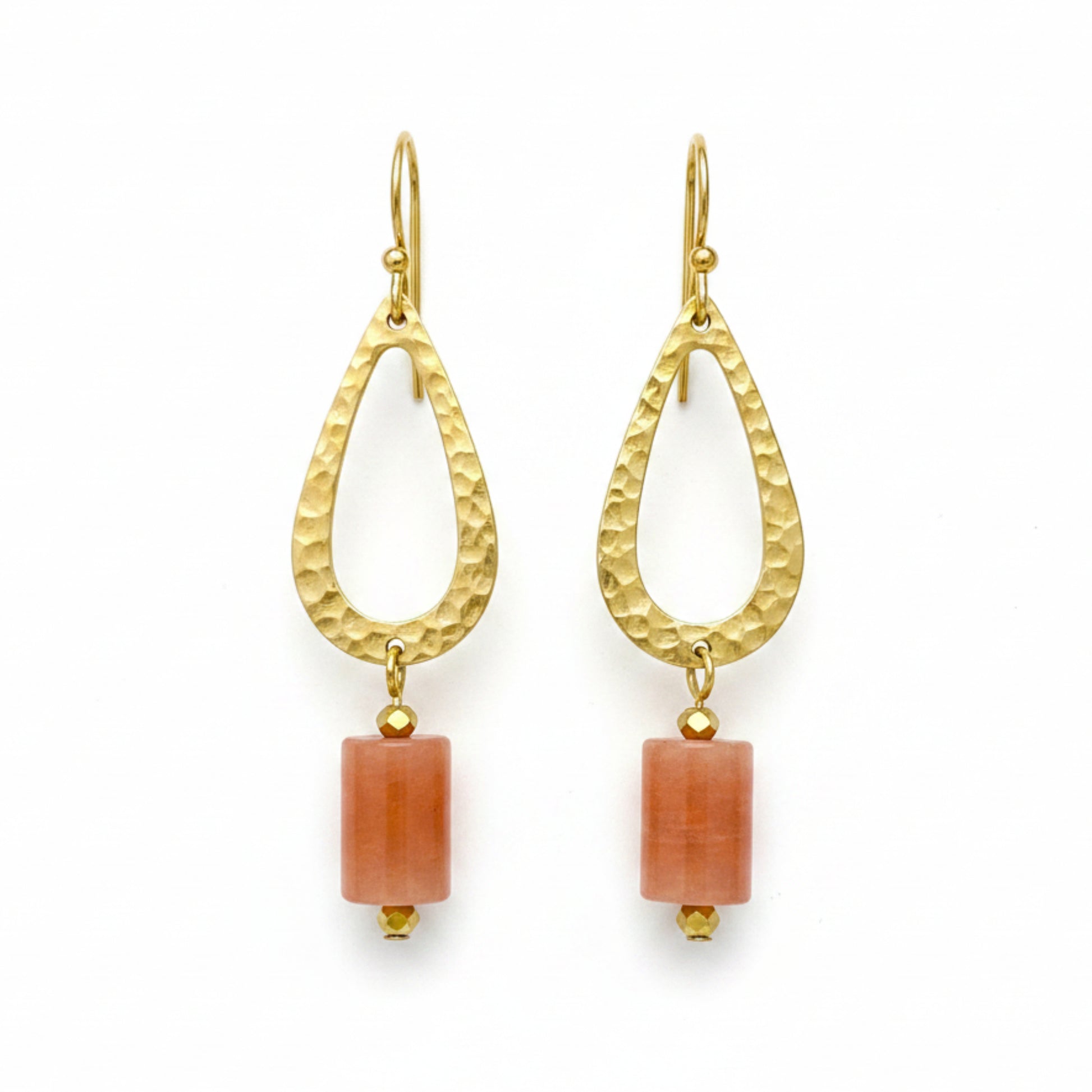 Hammered Brass Geometric Dangle Earrings - Orange Sunstone Gemstones