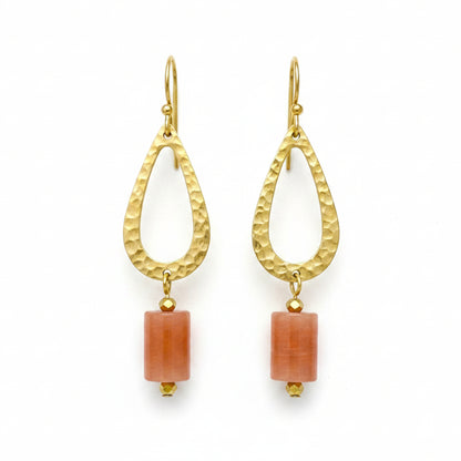 Hammered Brass Geometric Dangle Earrings - Orange Sunstone Gemstones