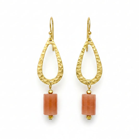 Hammered Brass Geometric Dangle Earrings - Orange Sunstone Gemstones