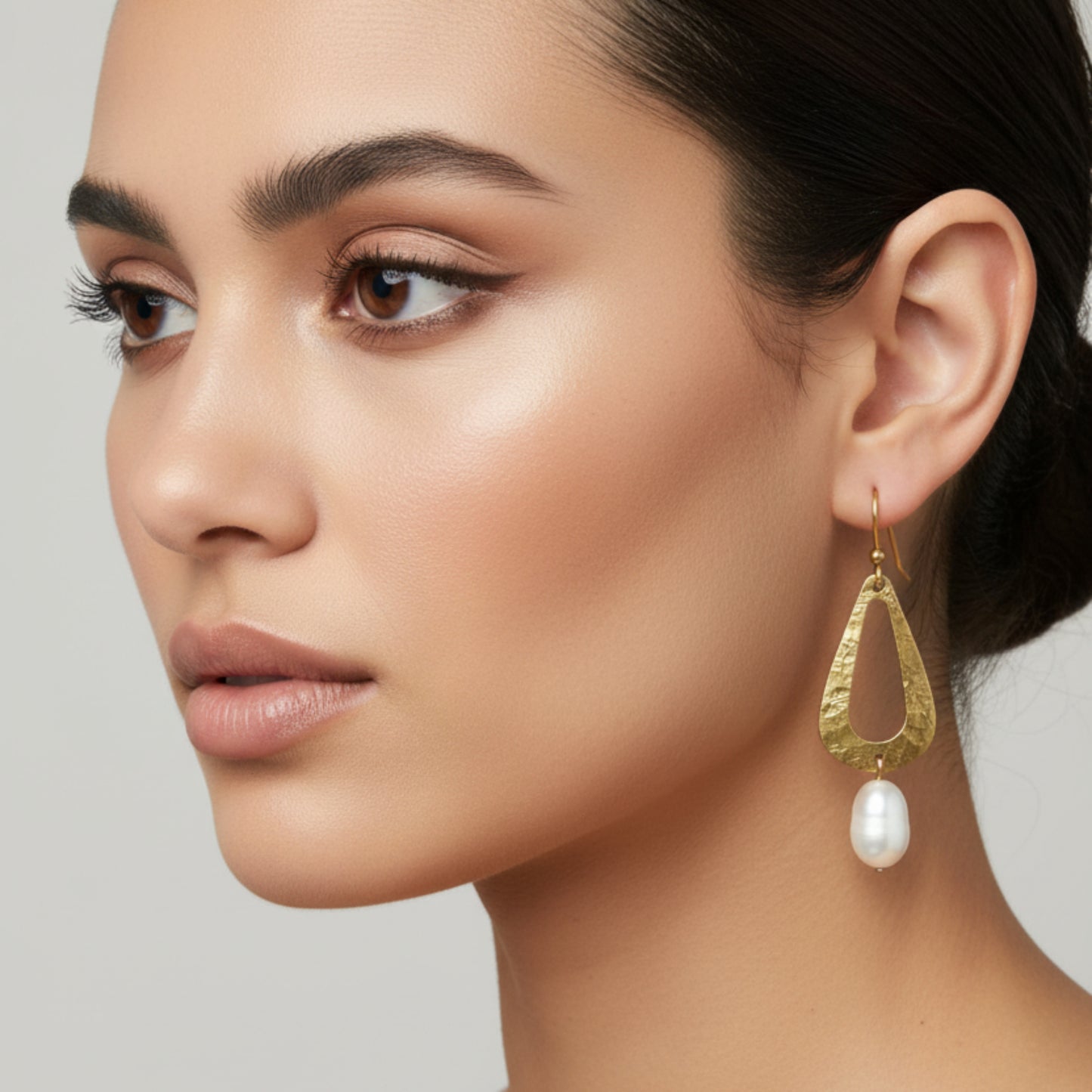 Handmade Hammered Brass Teardrop Earrings with White Freshwater Pearls