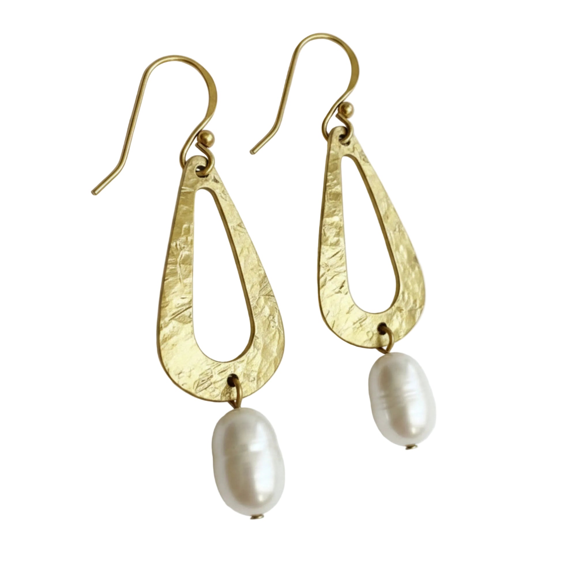 Handmade Hammered Brass Teardrop Earrings with White Freshwater Pearls