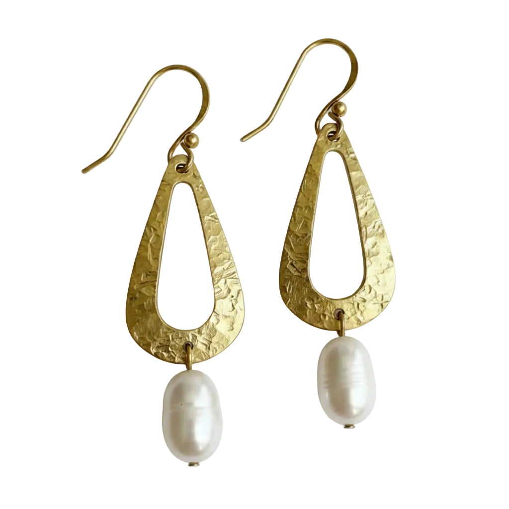 Handmade Hammered Brass Teardrop Earrings with White Freshwater Pearls