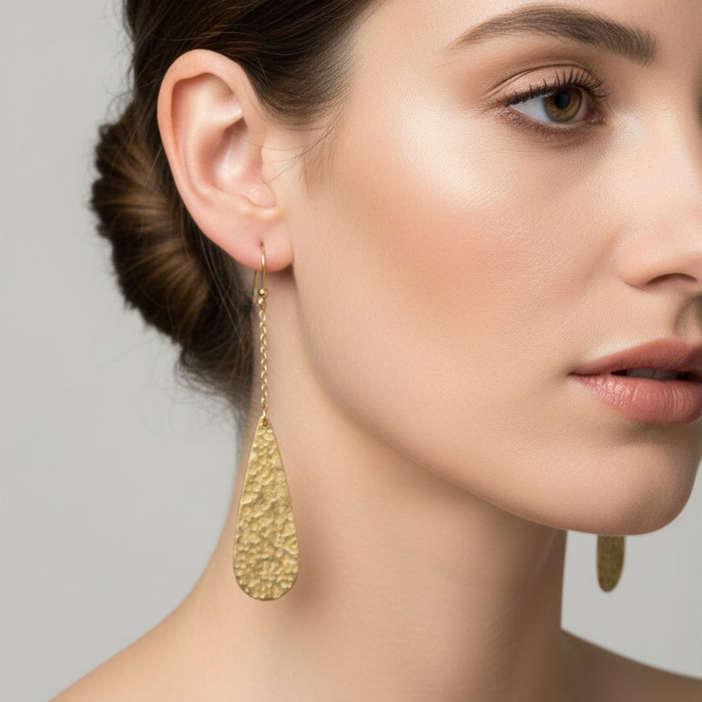 Long Hammered Brass Drop Earrings - Geometric Teardrop Dangle on Delicate Chain