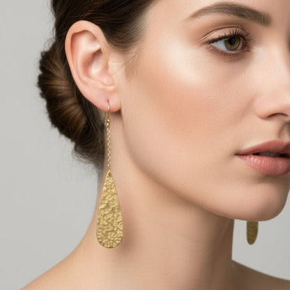Long Hammered Brass Drop Earrings - Geometric Teardrop Dangle on Delicate Chain