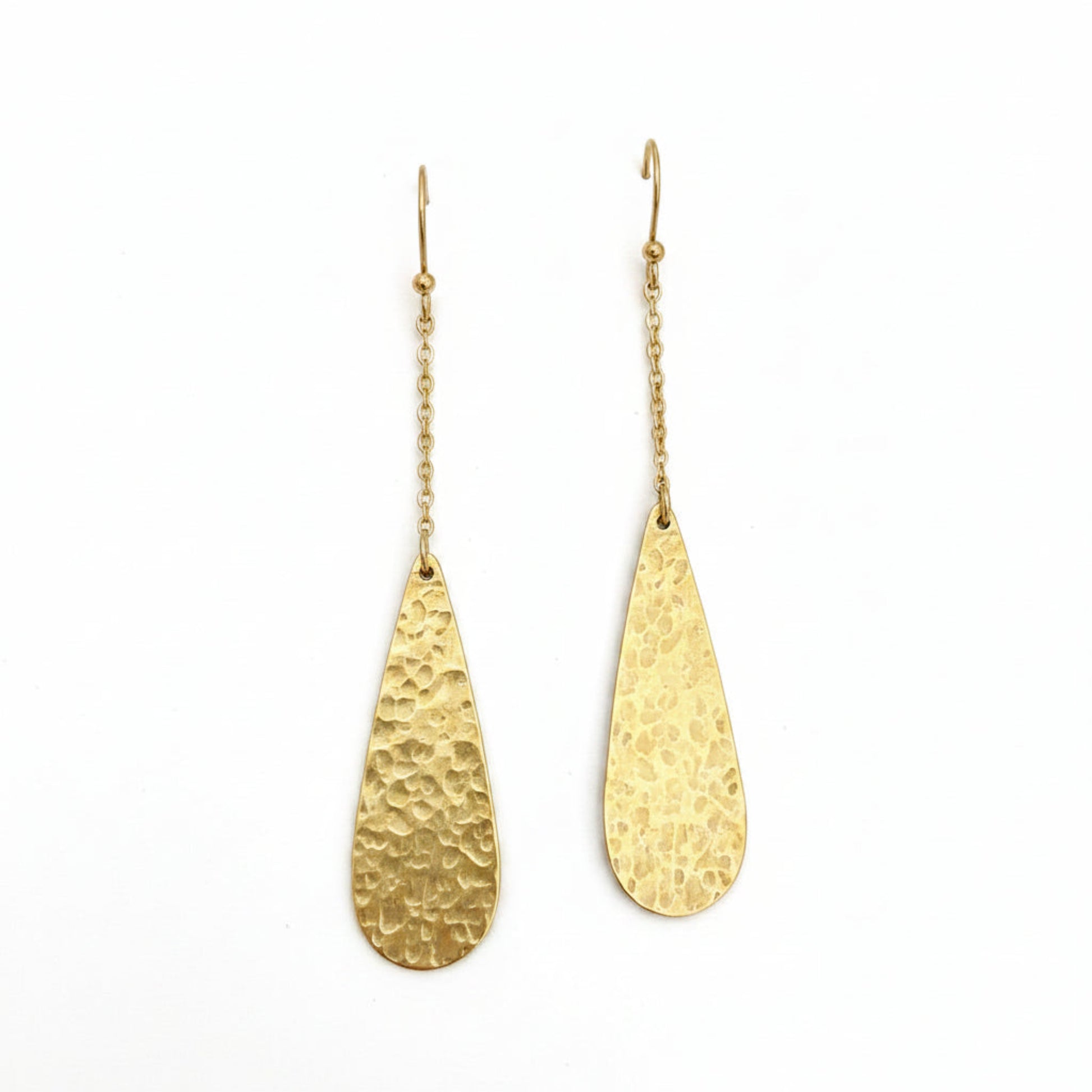Long Hammered Brass Drop Earrings - Geometric Teardrop Dangle on Delicate Chain