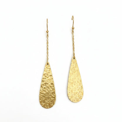 Long Hammered Brass Drop Earrings - Geometric Teardrop Dangle on Delicate Chain