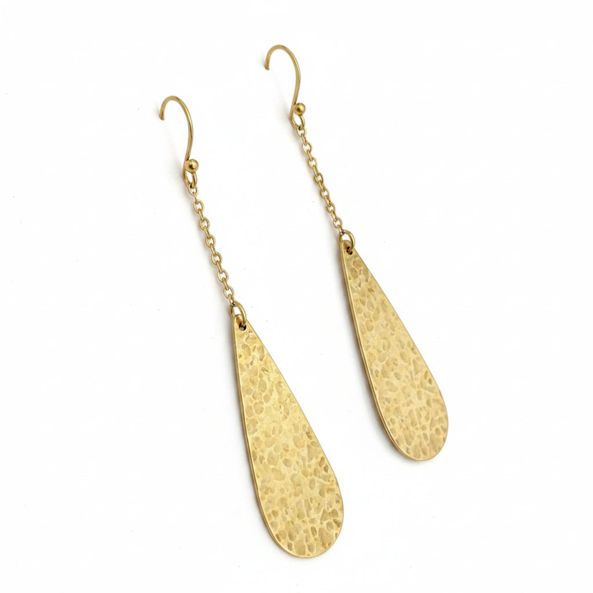 Long Hammered Brass Drop Earrings - Geometric Teardrop Dangle on Delicate Chain