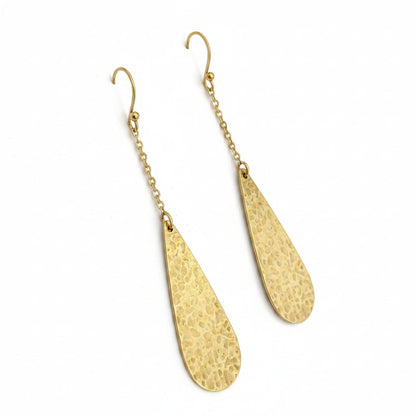 Long Hammered Brass Drop Earrings - Geometric Teardrop Dangle on Delicate Chain