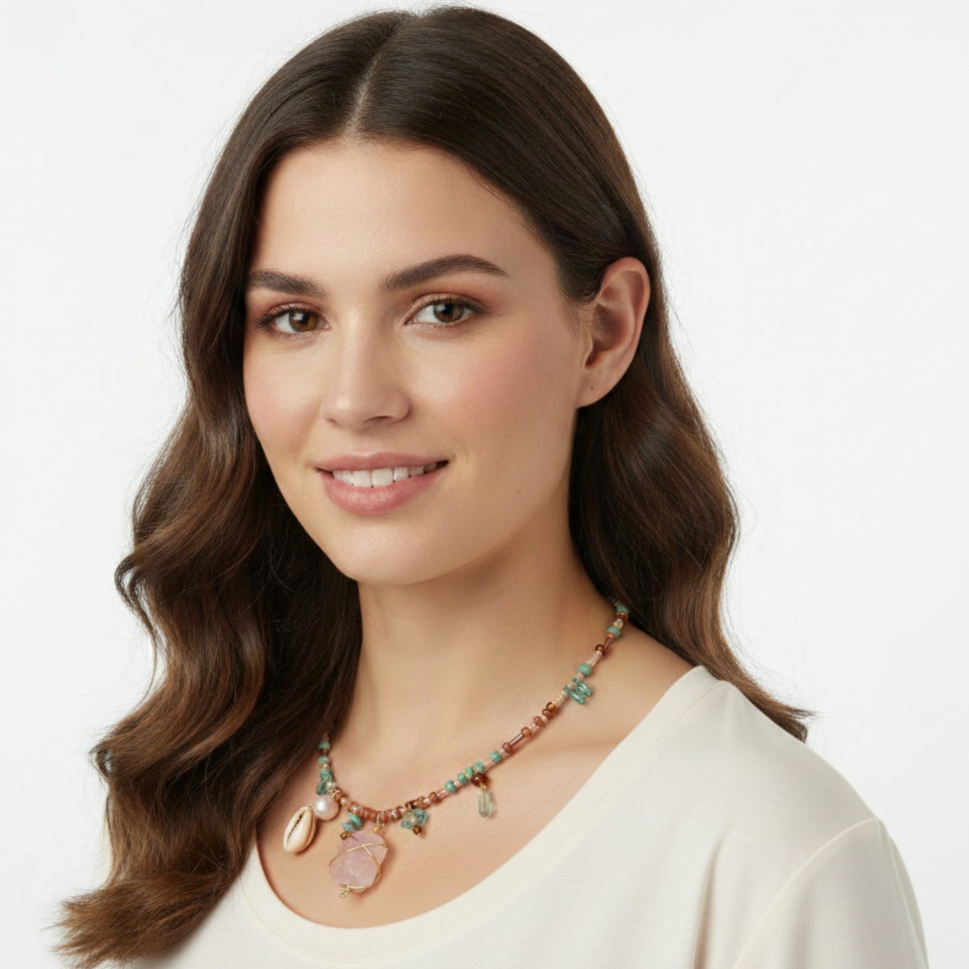 Pink Gemstone Charm Necklace with Cowrie Shell and Teal Beads, Boho Beaded Bib Necklace