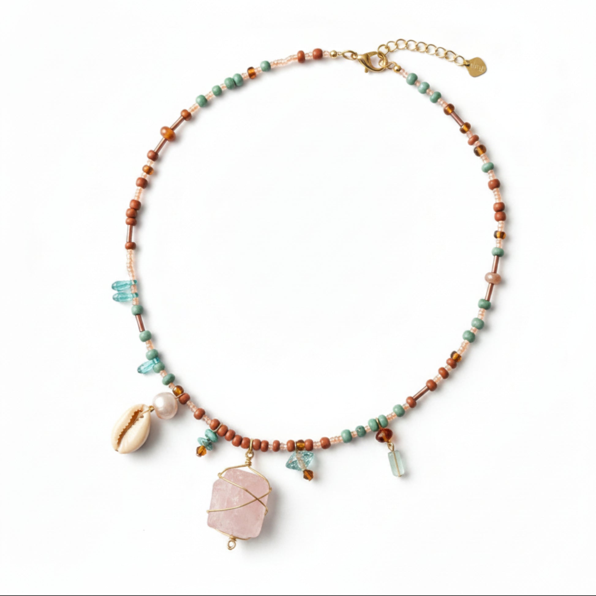 Pink Gemstone Charm Necklace with Cowrie Shell and Teal Beads, Boho Beaded Bib Necklace