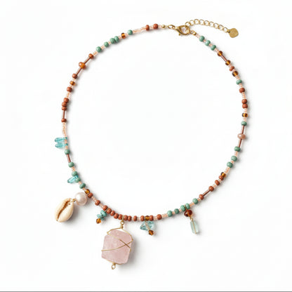 Pink Gemstone Charm Necklace with Cowrie Shell and Teal Beads, Boho Beaded Bib Necklace