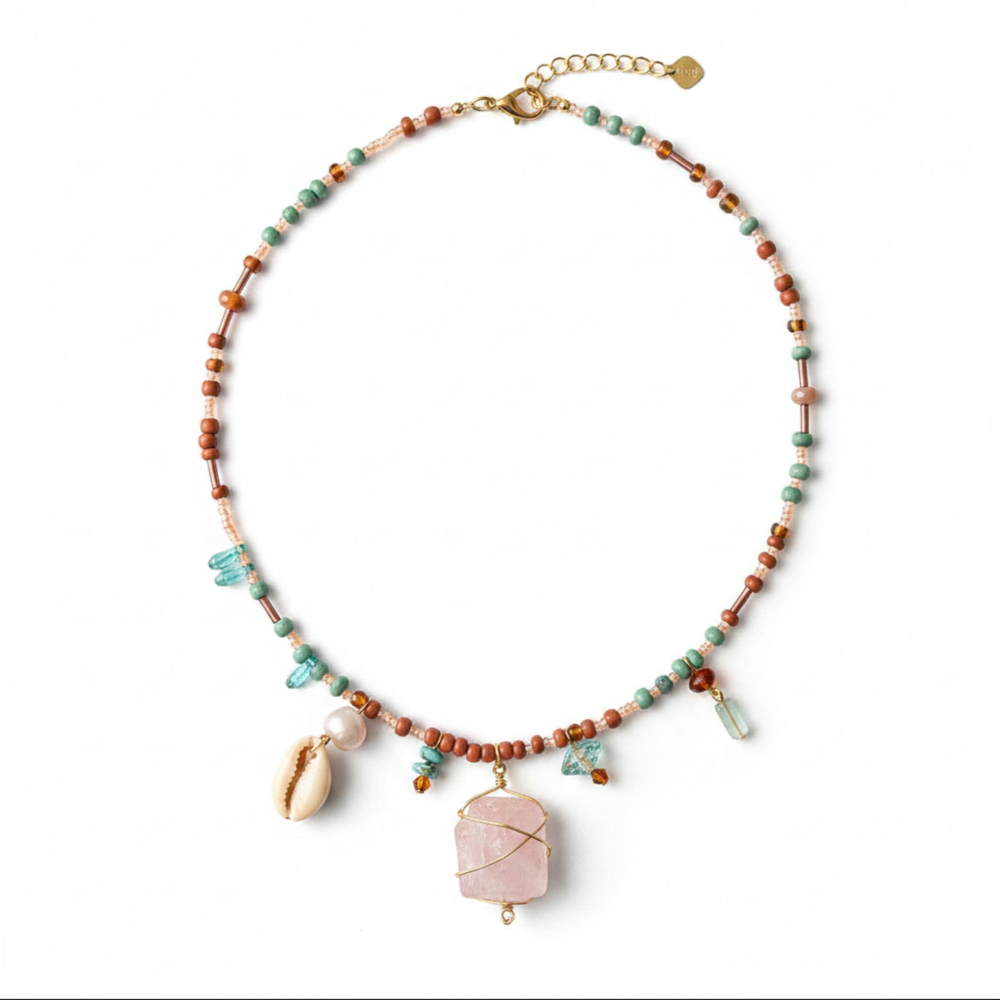 Pink Gemstone Charm Necklace with Cowrie Shell and Teal Beads, Boho Beaded Bib Necklace