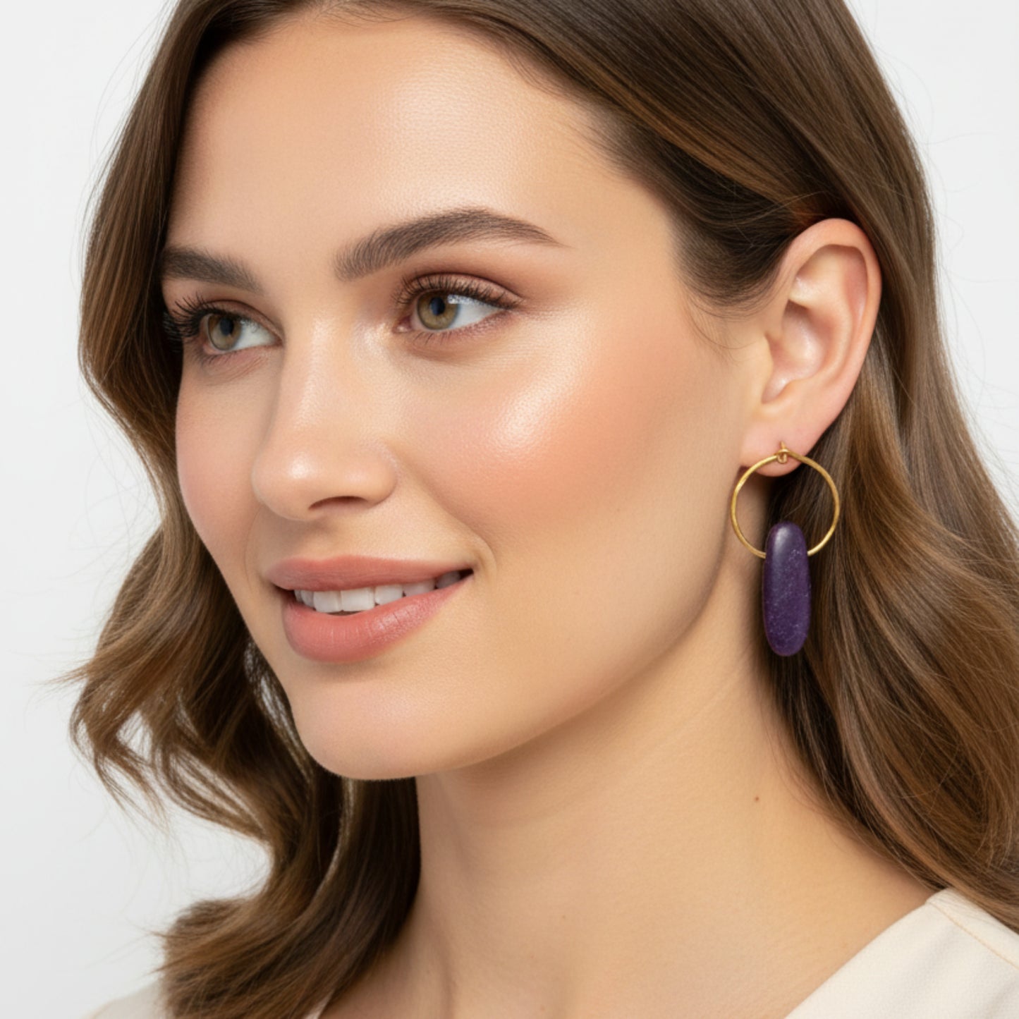 Purple and Gold Kyanite Creole Earrings - Handcrafted Hammered Brass Hoops
