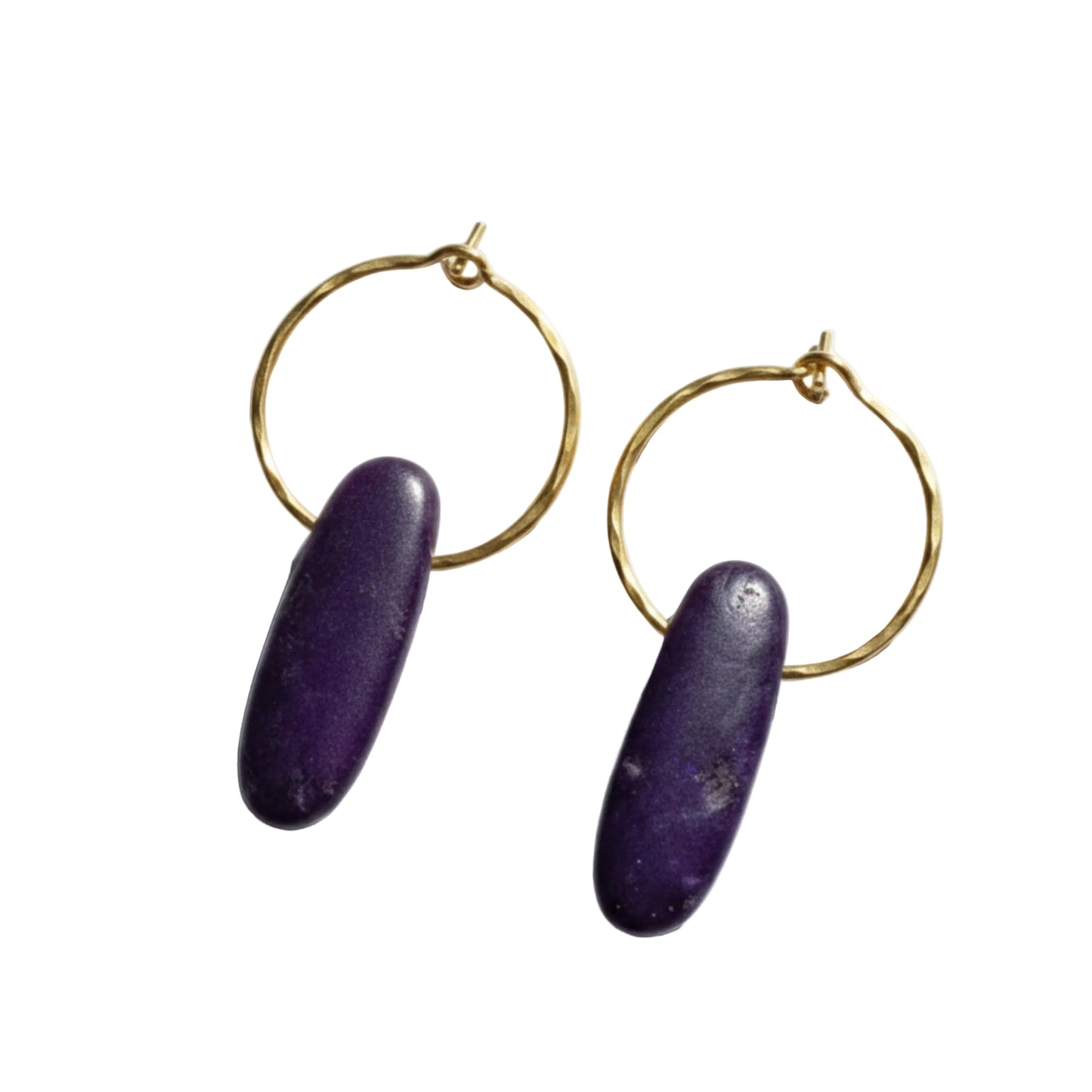Purple and Gold Kyanite Creole Earrings - Handcrafted Hammered Brass Hoops