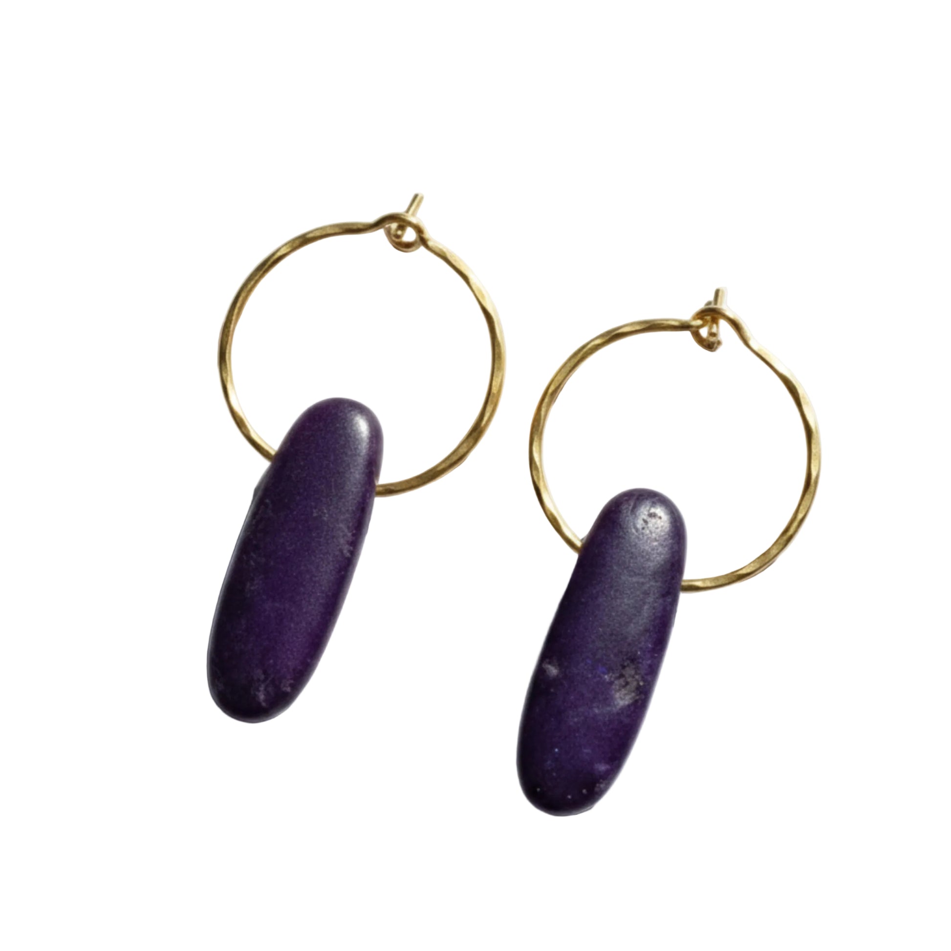 Purple and Gold Kyanite Creole Earrings - Handcrafted Hammered Brass Hoops