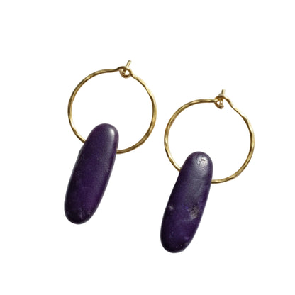 Purple and Gold Kyanite Creole Earrings - Handcrafted Hammered Brass Hoops