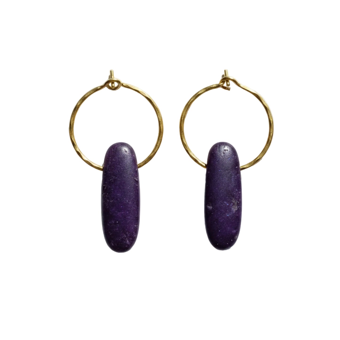 Purple and Gold Kyanite Creole Earrings - Handcrafted Hammered Brass Hoops