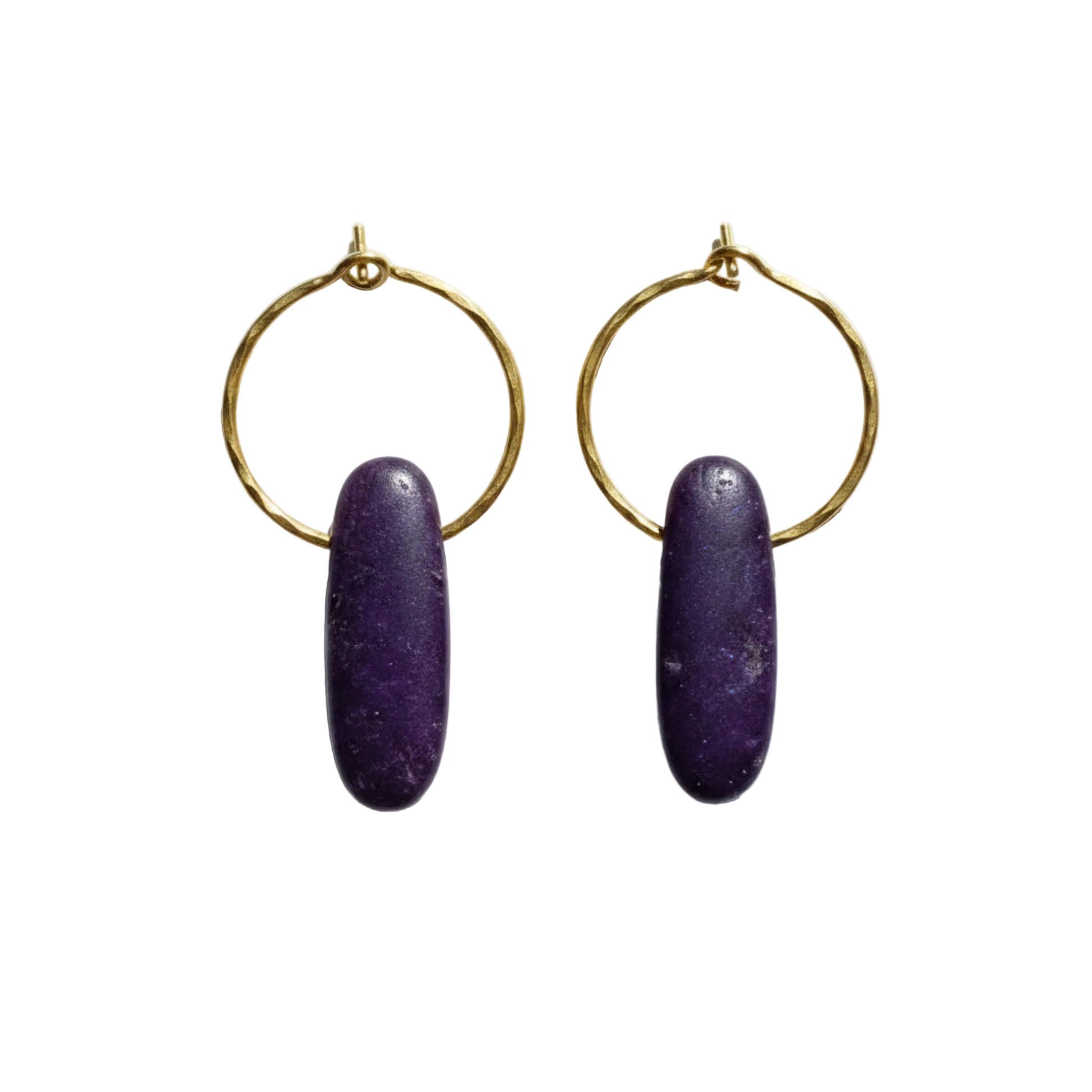 Purple and Gold Kyanite Creole Earrings - Handcrafted Hammered Brass Hoops