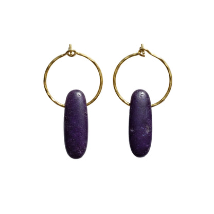 Purple and Gold Kyanite Creole Earrings - Handcrafted Hammered Brass Hoops