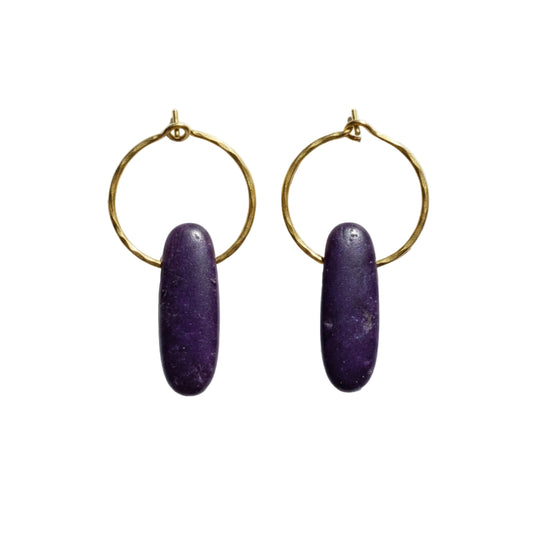 Purple and Gold Kyanite Creole Earrings - Handcrafted Hammered Brass Hoops