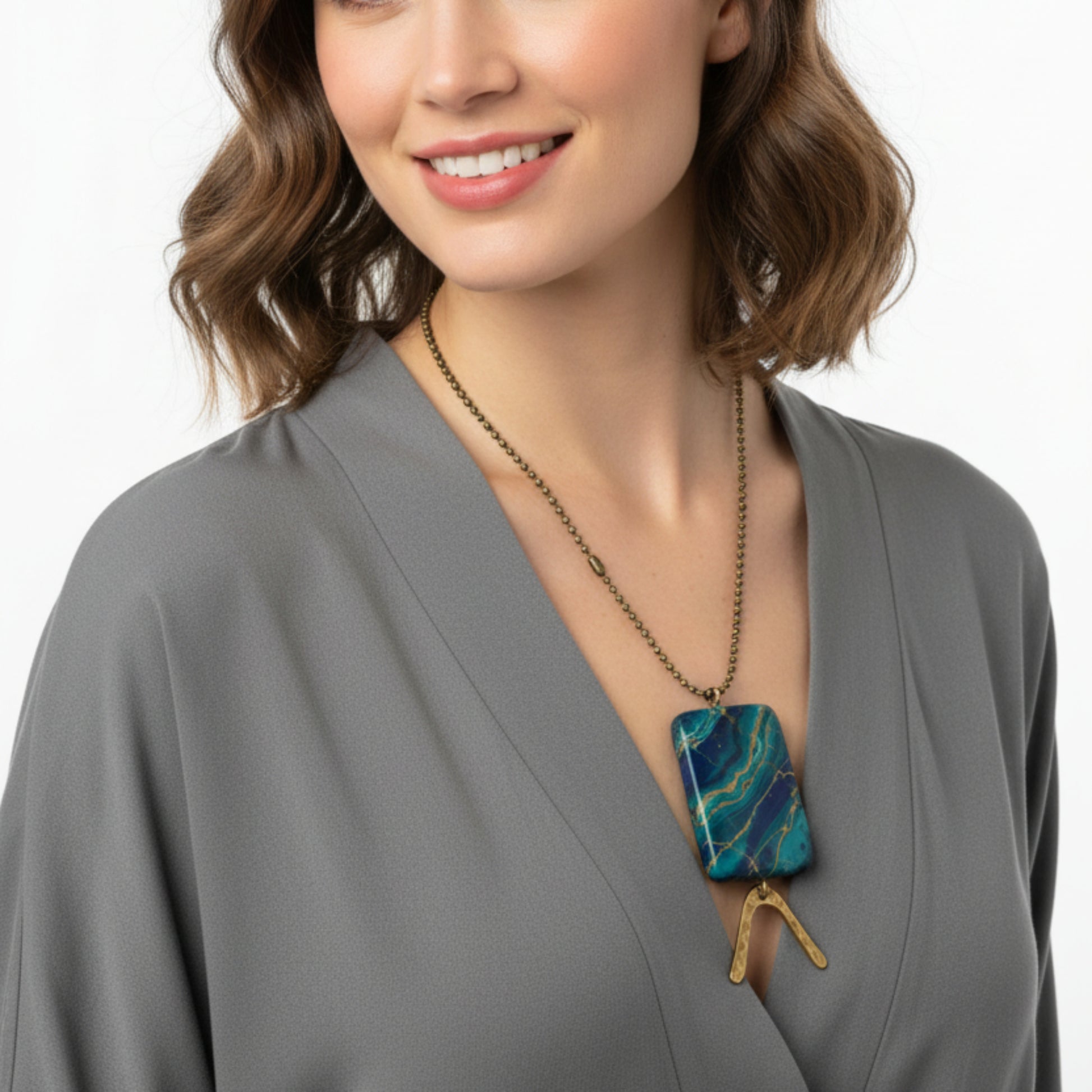 Rectangle Teal Gemstone Pendant with Hammered Brass Arc on Long Ball Chain, Boho Jewelry