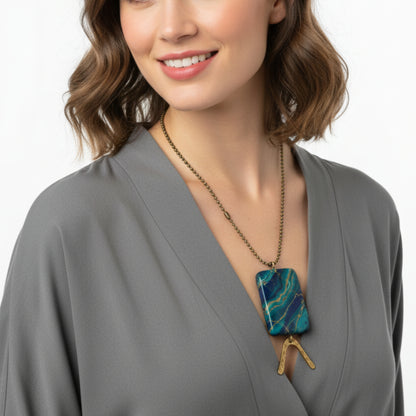 Rectangle Teal Gemstone Pendant with Hammered Brass Arc on Long Ball Chain, Boho Jewelry