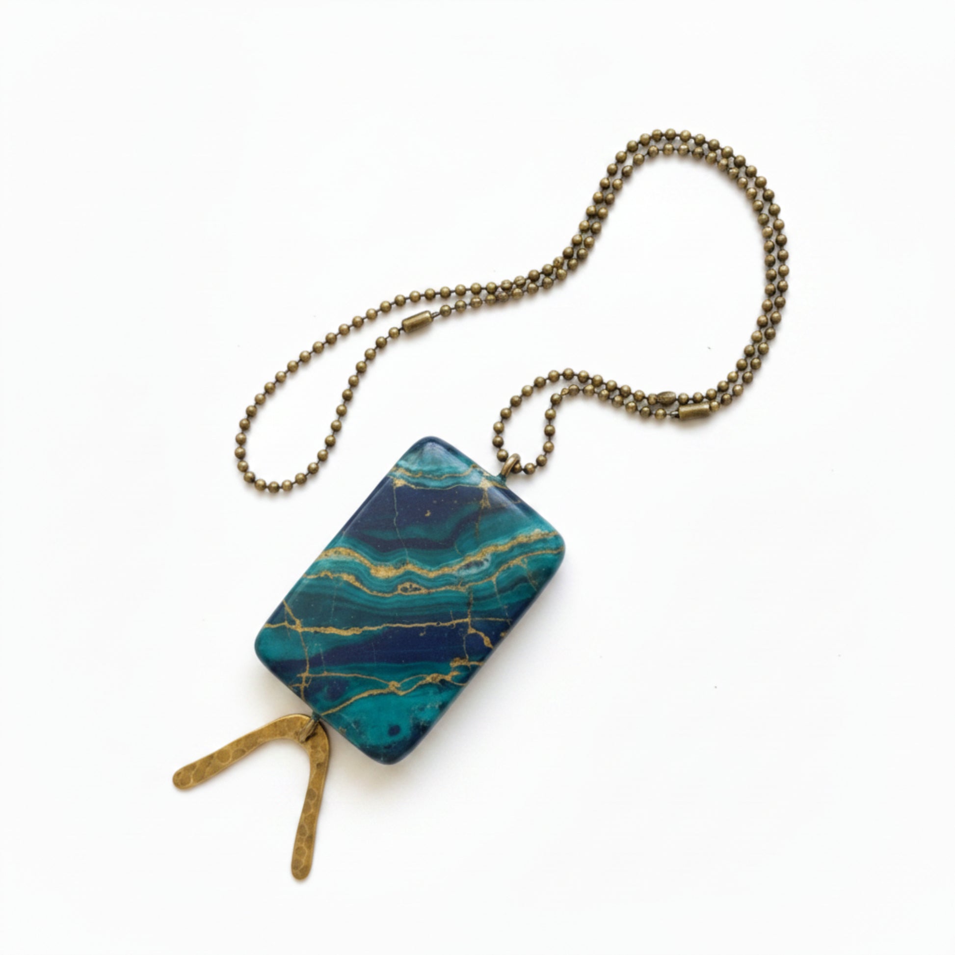 Rectangle Teal Gemstone Pendant with Hammered Brass Arc on Long Ball Chain, Boho Jewelry