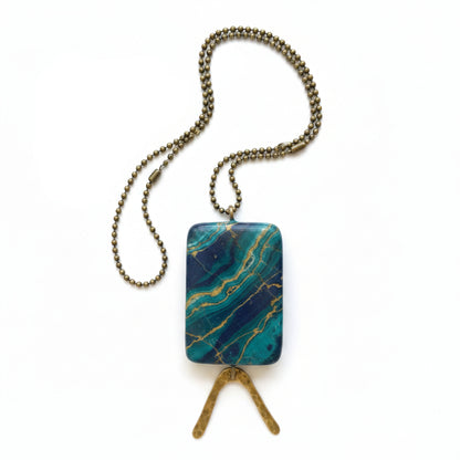 Rectangle Teal Gemstone Pendant with Hammered Brass Arc on Long Ball Chain, Boho Jewelry