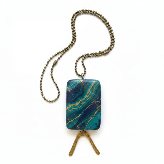 Rectangle Teal Gemstone Pendant with Hammered Brass Arc on Long Ball Chain, Boho Jewelry