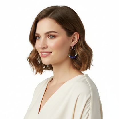 Sterling Silver Hoop Earrings with Cobalt Blue and Sage Green Beads, Beaded Creole Earrings