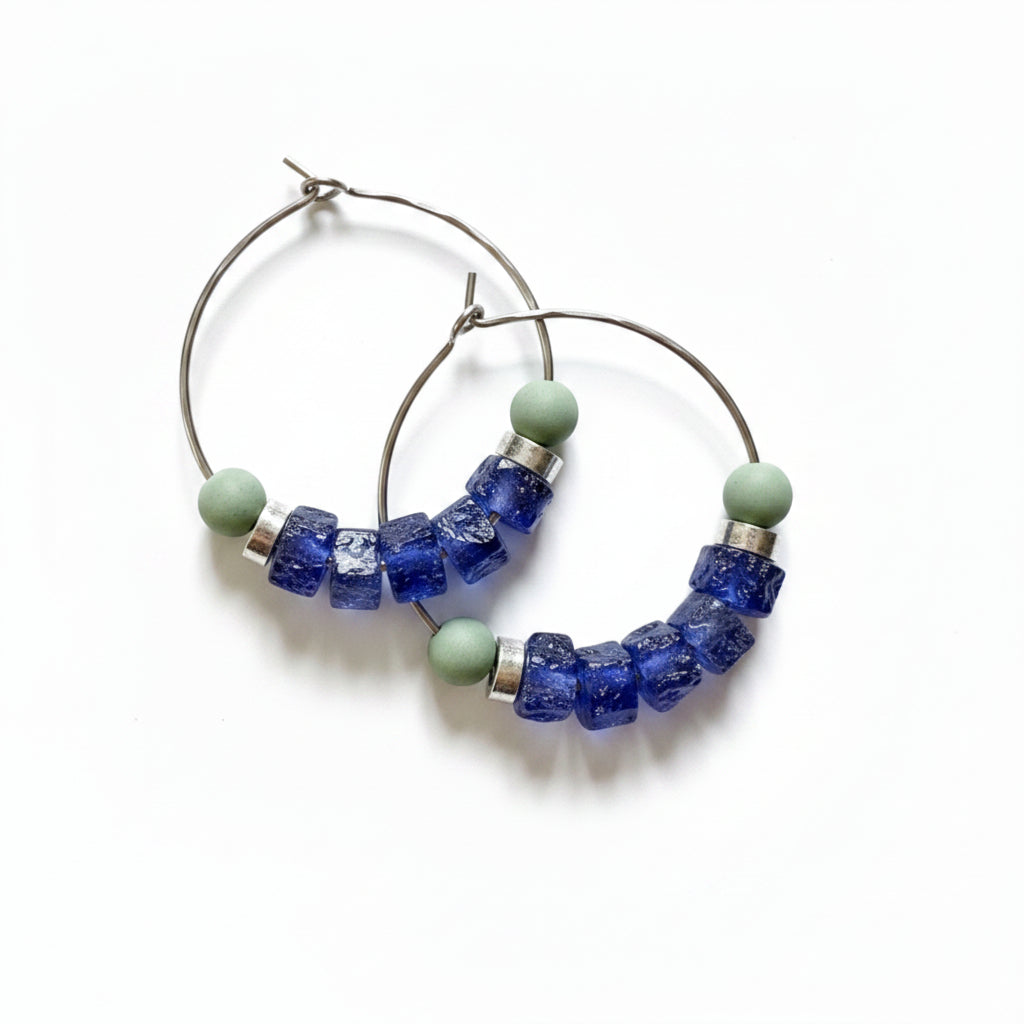 Sterling Silver Hoop Earrings with Cobalt Blue and Sage Green Beads, Beaded Creole Earrings