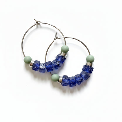 Sterling Silver Hoop Earrings with Cobalt Blue and Sage Green Beads, Beaded Creole Earrings